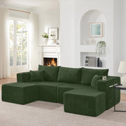 Divano angolare 3 posti ¨C Minimal ¨C velluto verde, con cuscini, porta bevande e tasche laterali
