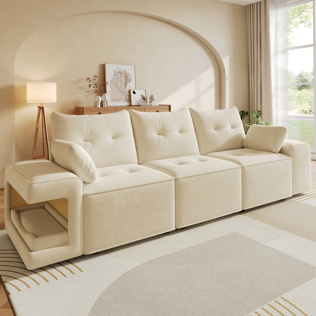 Divano modulare 3 posti con vani contenitore e nicchie imbottite per animali in velluto beige con 2 cuscini