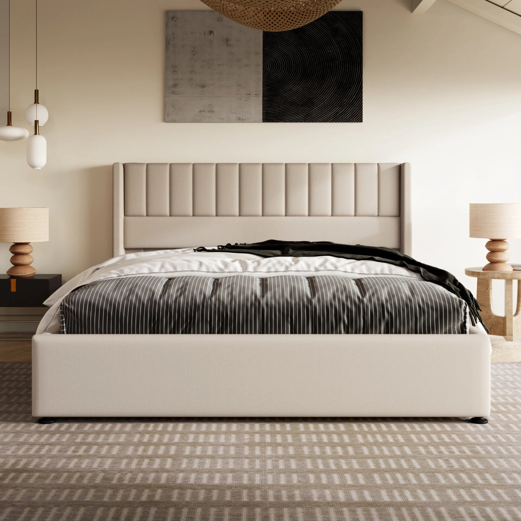 Letto Contenitore Matrimoniale 160x200 cm; con Testiera Imbottita e Sollevamento Idraulico