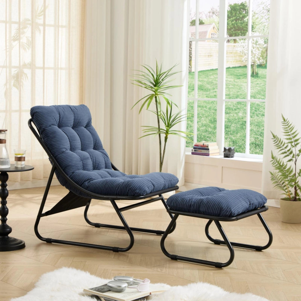 Sdraio, sedia da relax, con poggiapiedi, senza braccioli, blu