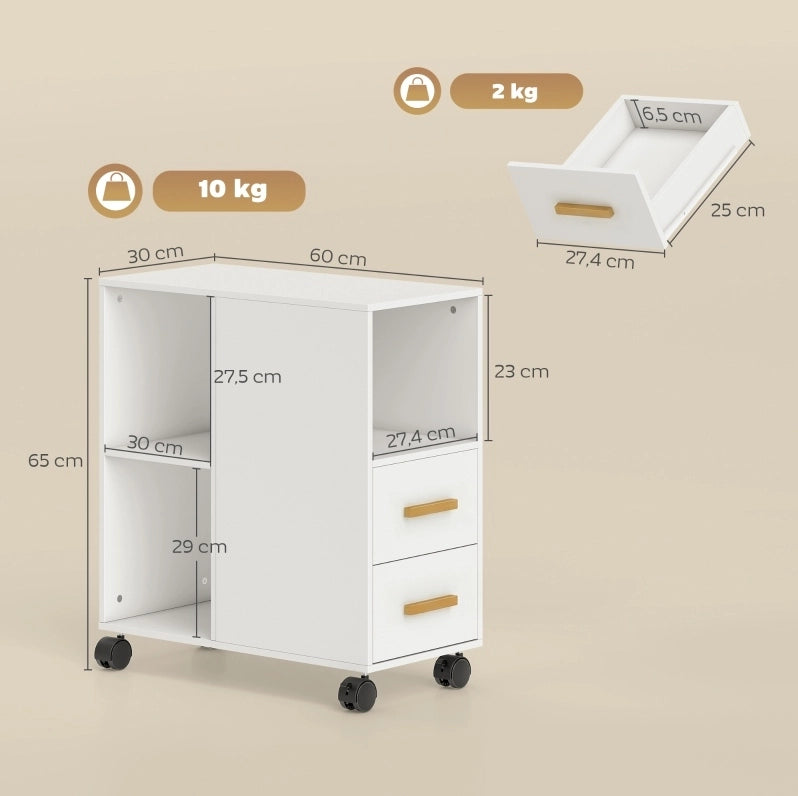 Mobiletto portastampante bianco con cassetti e ruote