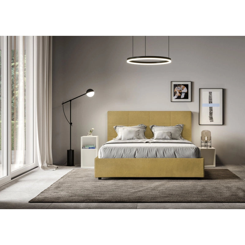 Letto imbottito Piazza e mezzo 130x200 cm Mika - Contenitore,Microfibra,Ocra