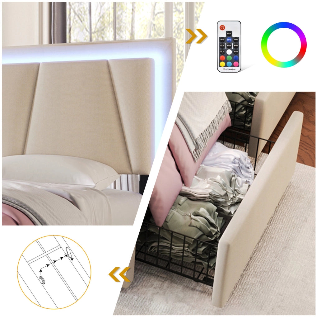 Letto 160x200 cm con LED, 4 cassetti e testiera regolabile in lino beige
