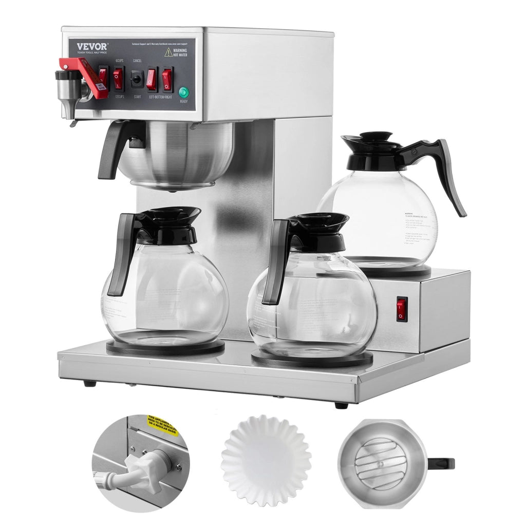 Macchina da Caffè con Filtro Commerciale in Acciaio Inox FRB-286-BD3, 12 Tazze, con 3 Caraffe in Vetro e 3 Piastre Riscaldanti per Ufficio e Bar