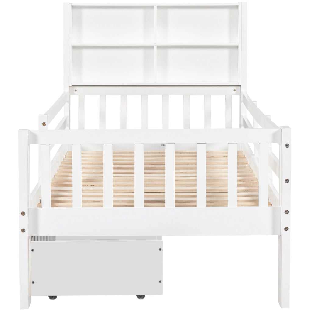 Letto per Bambini 90x200 cm con Lavagna; 2 Cassetti; Mensola e Sponda - Bianco