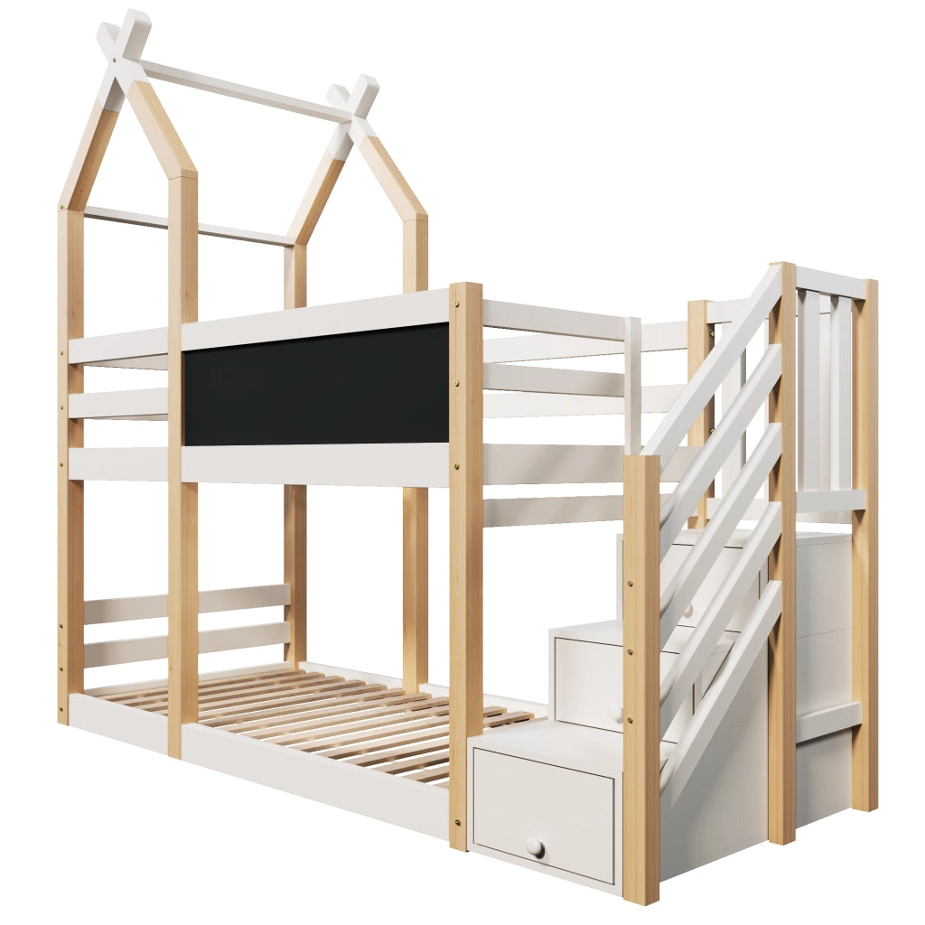 Letto a soppalco per bambini 90x200 con scala contenitore e lavagna