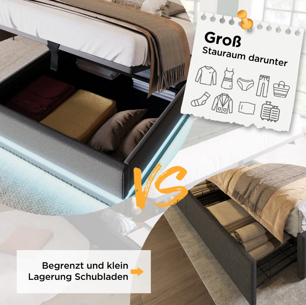 Letto singolo contenitore 90x200 cm grigio con LED e USB-C