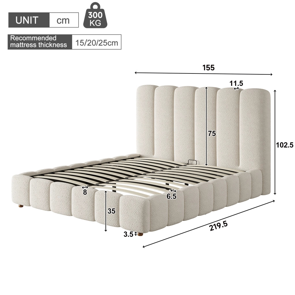 Letto contenitore 140 x 200 cm in tessuto boucl¨¦ bianco, matrimoniale imbottito idraulico con rete a doghe e ampio contenitore, testiera trapuntata