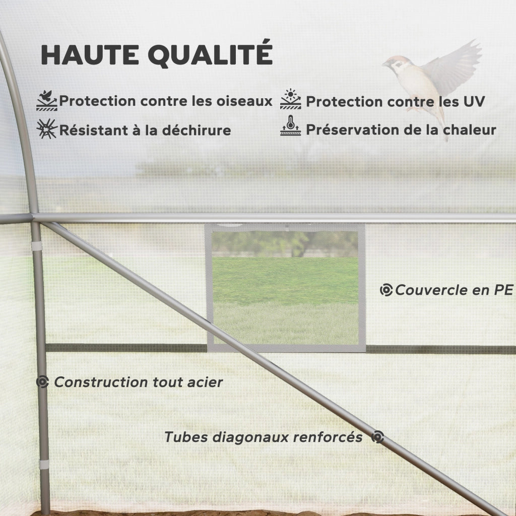 Serre de jardin tunnel grande taille avec bâche PE cadre en acier porte enroulable et 12 fenêtres 8 x 3 x 2 m blanc