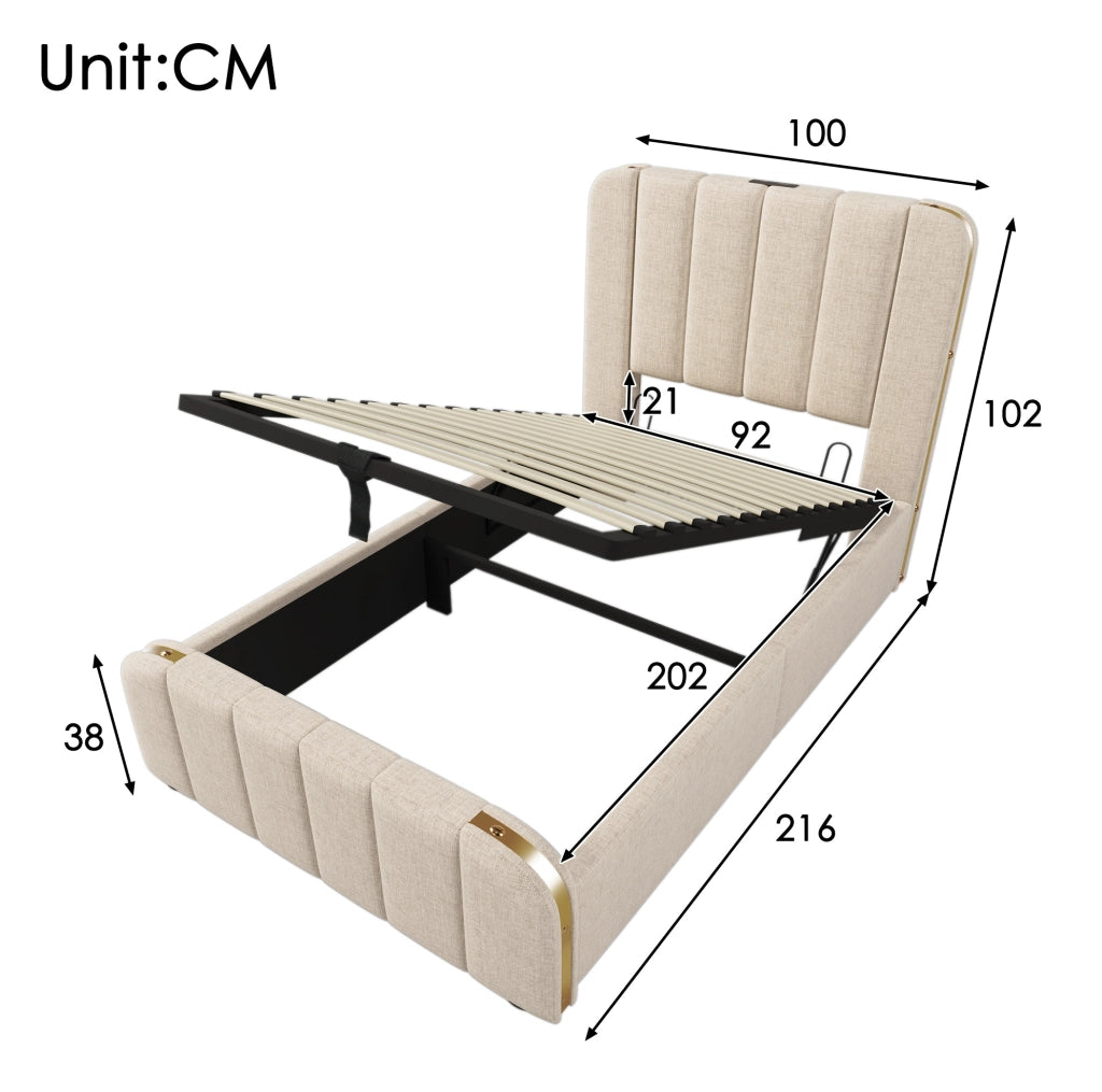 Letto singolo imbottito con testiera a LED e USB Tipo-C, contenitore idraulico e materasso 90x200 cm