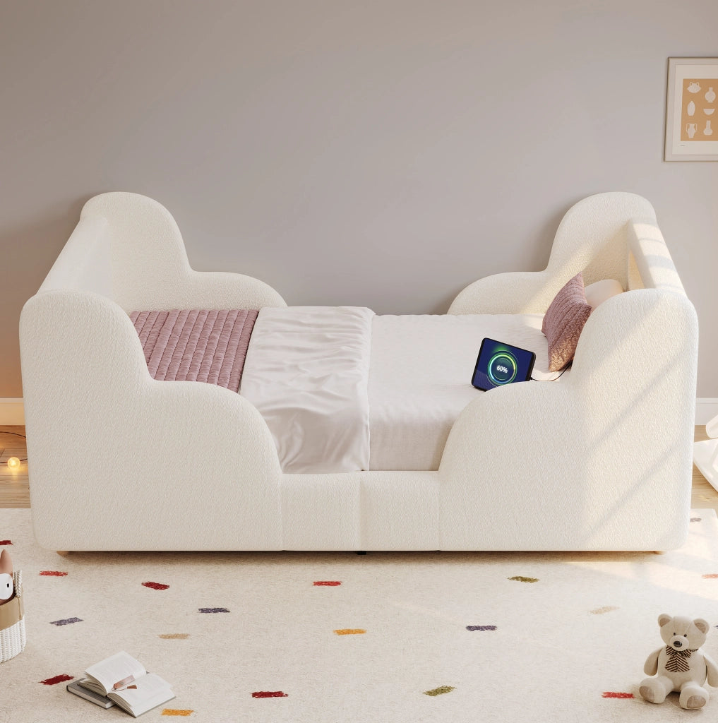 Letto per bambini 90x200 cm Bouclé beige con USB e luce