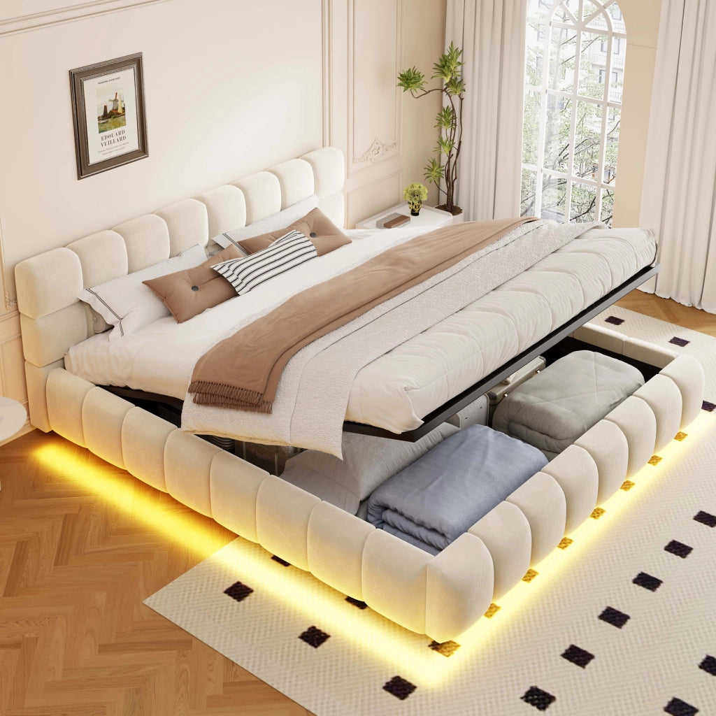Letto contenitore matrimoniale 200 × 160 cm, illuminazione LED regolabile e testiera imbottita, senza materasso, beige