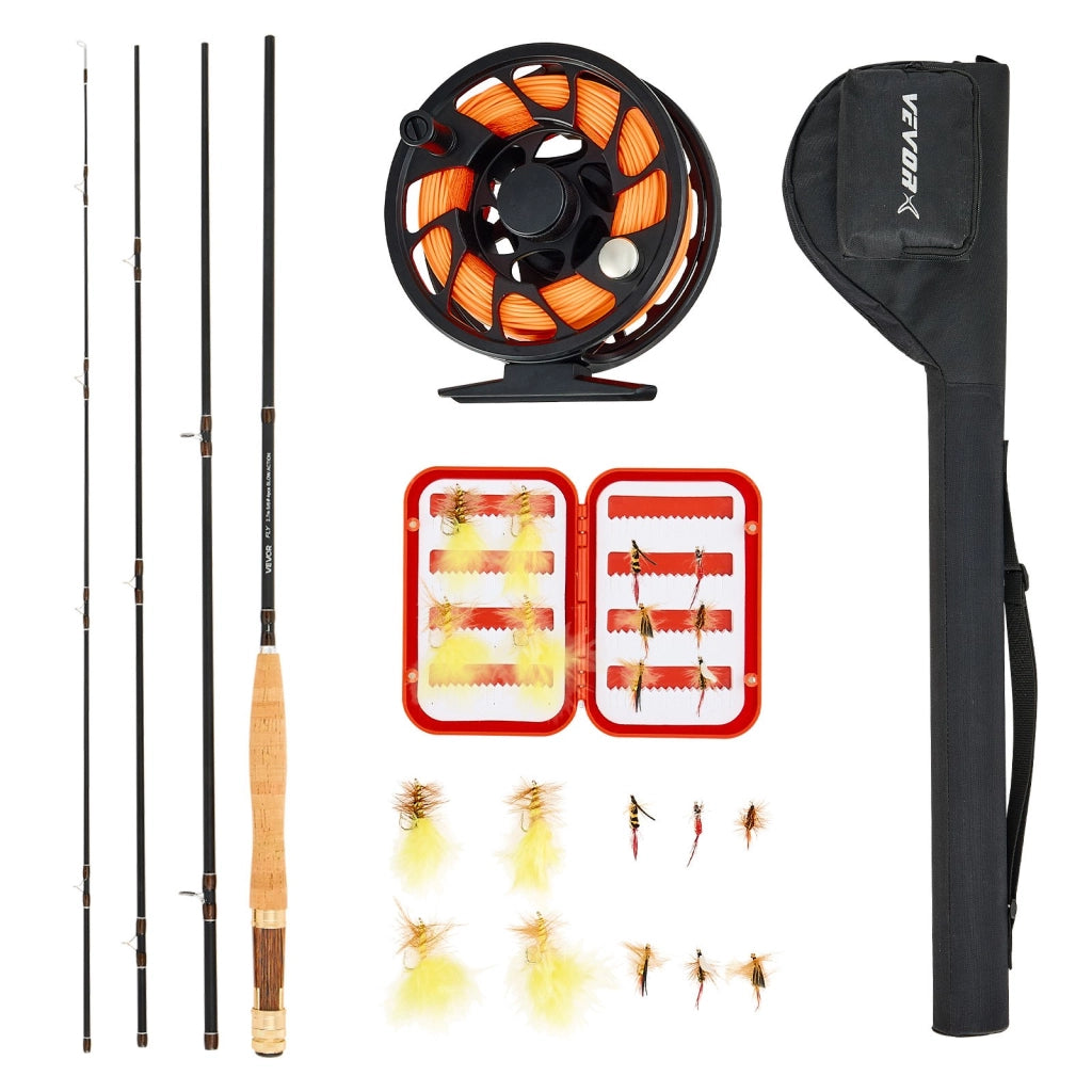 Set di Canna da Pesca a Mosca in Fibra Carbonio e Mulinello in Carbonio IM7, Set Iniziale con Borsa per Canna e Scatola per Attrezzi e 6 Ami a Coda Co