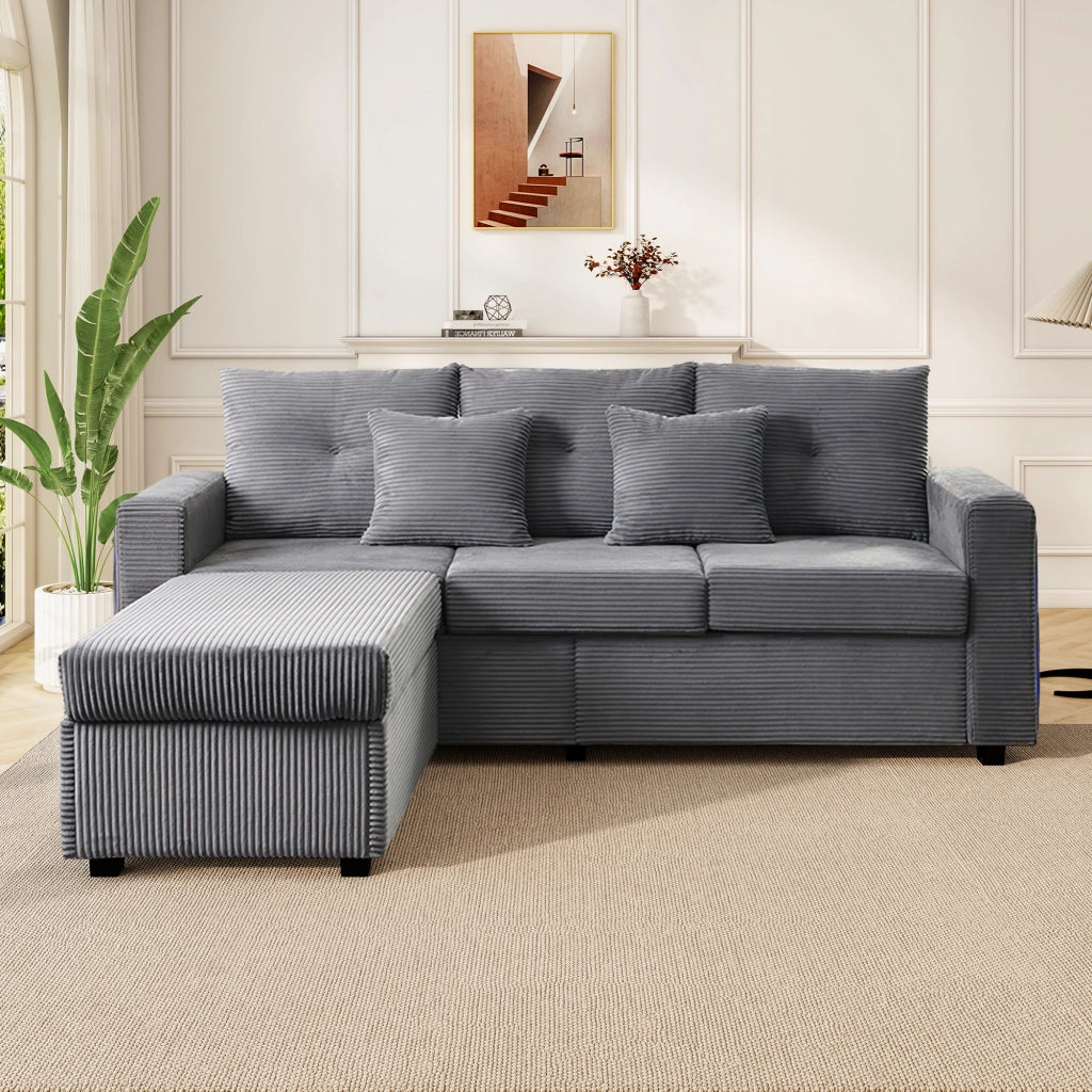 Divano 3 posti con pouf e 5 cuscini; divano angolare a L con luci LED; velluto a coste; grigio antico; 184 cm