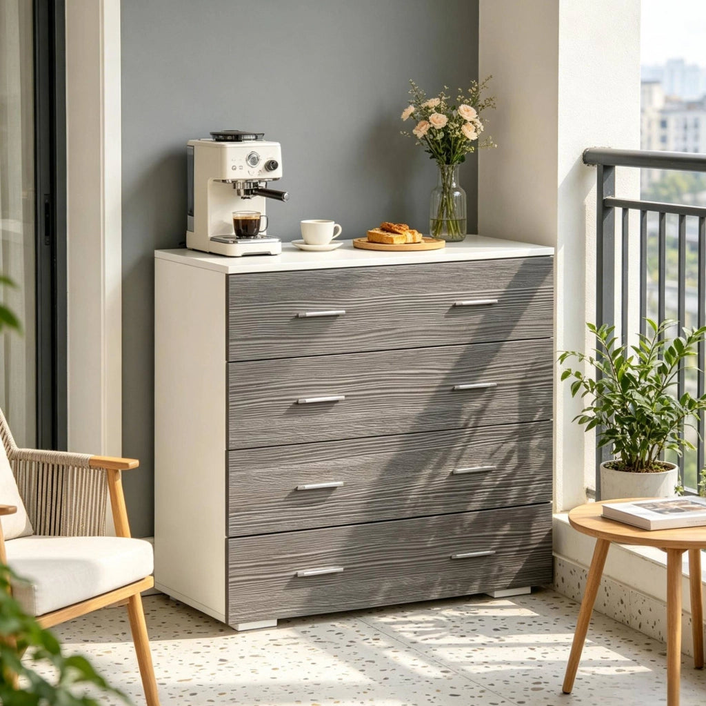 Cassettiera in truciolare bianco e grigio con 4 cassetti