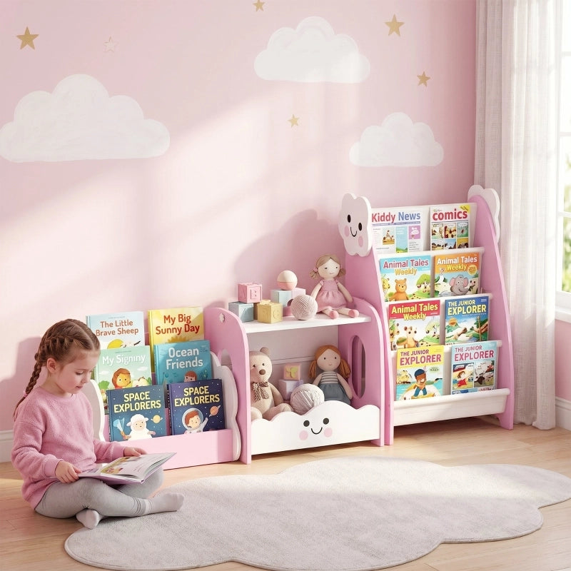 Scaffale per bambini 3-in-1 modulare rosa con 4 tasche e 3 ripiani, libreria e comodino