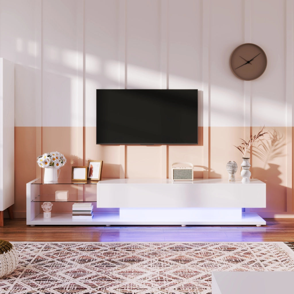 Mobile TV 170x36x38 cm Bianco Lucido con LED Multicolore, 2 Cassetti e 2 Ripiani in Vetro
