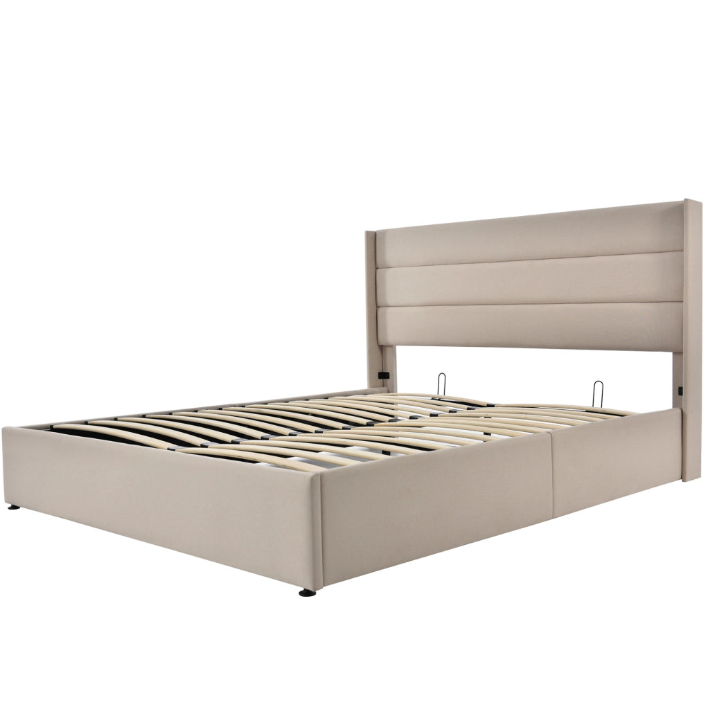 Letto imbottito con contenitore e rete sollevabile 140x200 cm; in lino beige