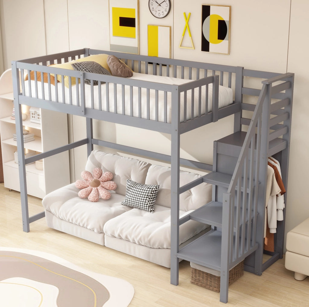 Hochbett 90x200 in legno con scala sicura e armadio integrato