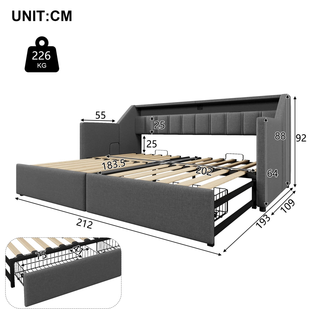 Divano letto 90x200 cm con USB, Type-C, LED e 2 cassetti grigio