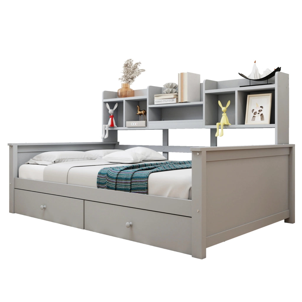 Letto divano 90x200 cm grigio con cassetti e ripiani laterali