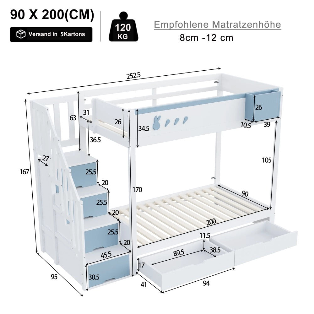 Letto a Castello Bambini con Cassetti e Doghe ¨C MINIMAL ¨C Bianco e Blu 90x200