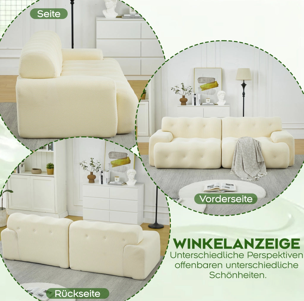 Divano Cloud a due posti beige con braccioli larghi e design moderno, 224x104x66 cm