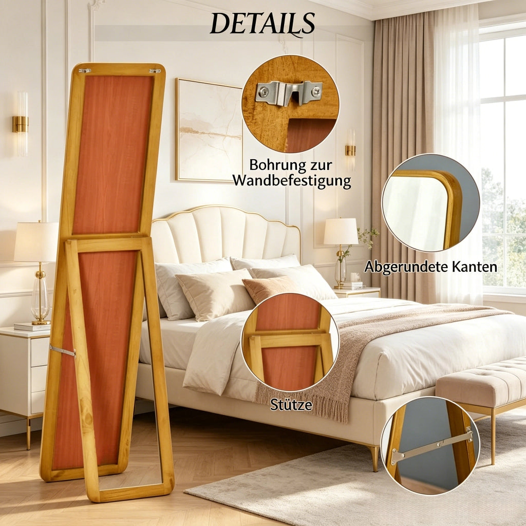 Specchio da terra rettangolare con supporto in legno e montaggio a parete; 37 × 43 × 156 cm