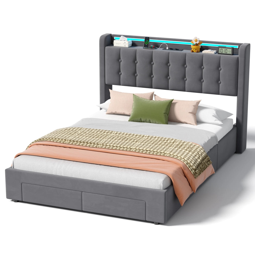 Letto Imbottito 140x190 cm Grigio Scuro in Velluto con Contenitore, 2 Cassetti, USB e LED