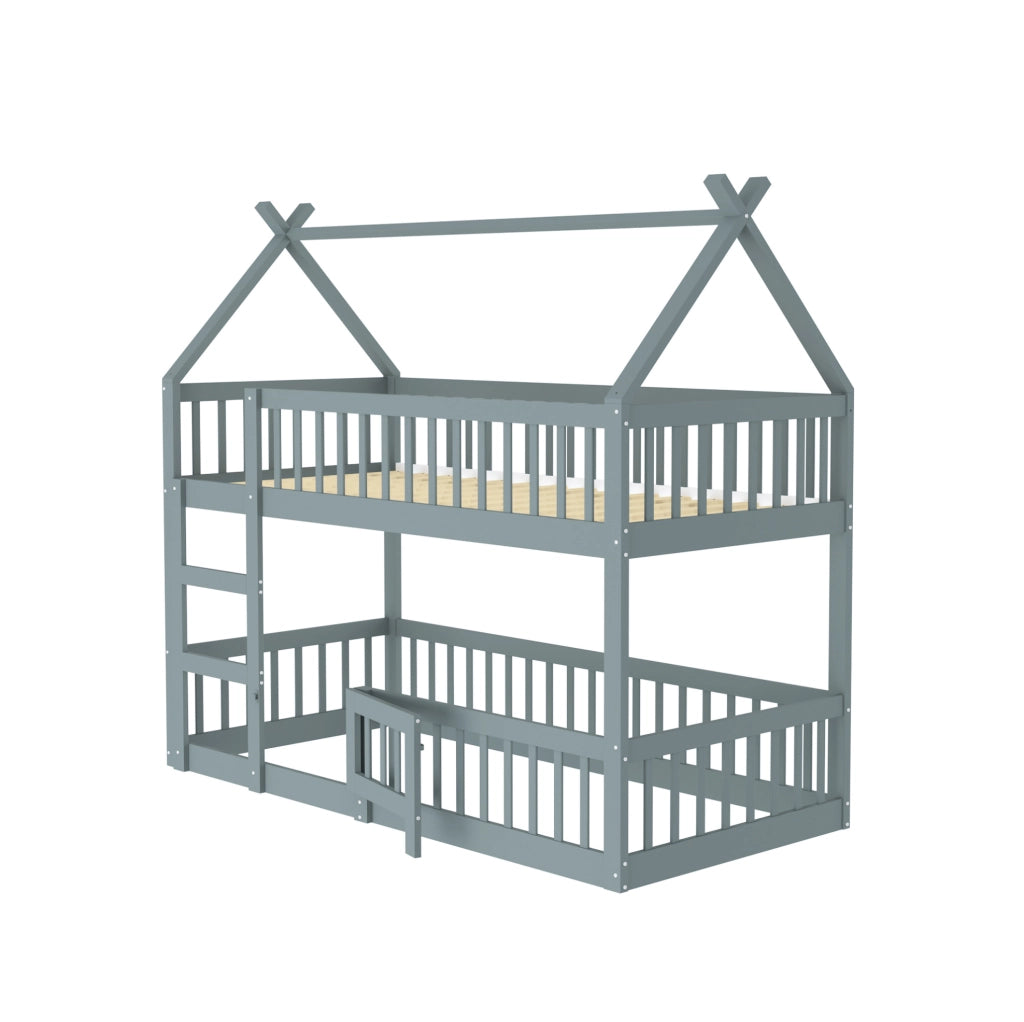 Letto a castello per bambini 90x200 cm con scala integrata e porta grigio