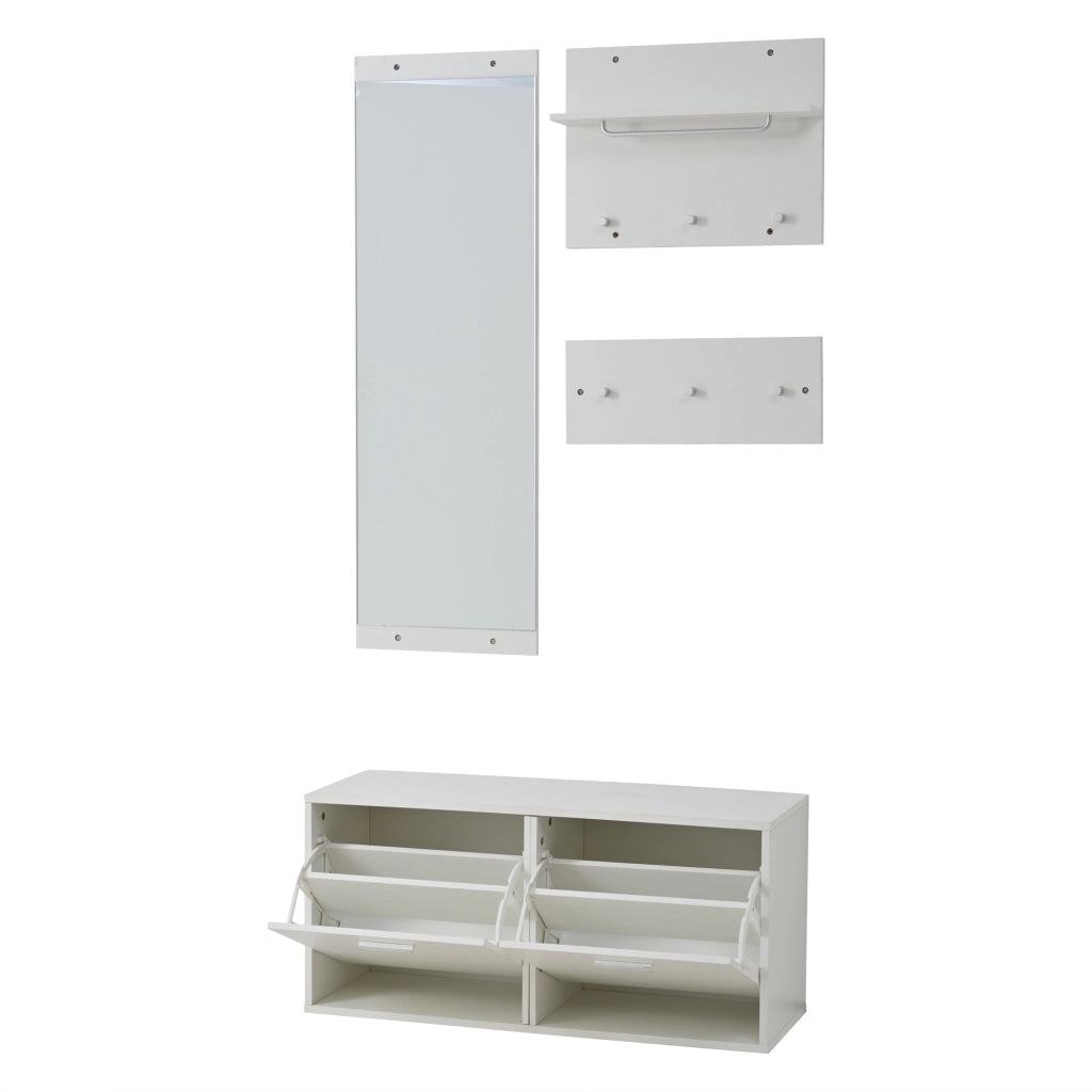 Mobile da ingresso con specchio, 6 ganci e scarpiera a 4 ripiani per ingresso e corridoio, bianco, 90 × 30 × 41.5 cm