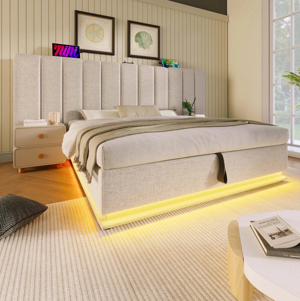 Letto contenitore 180 × 200 cm con LED; 3 USB e Type-C; lino beige