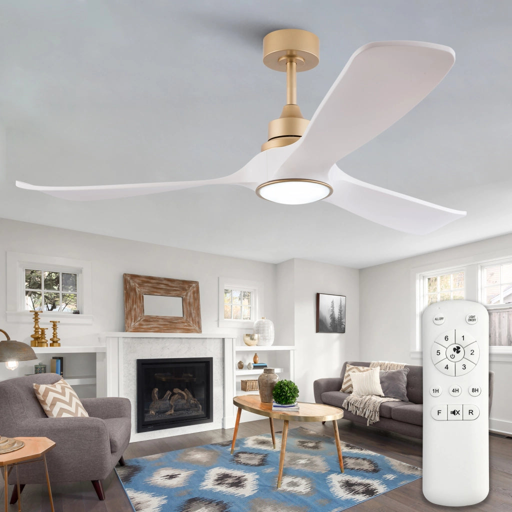 Ventilatore da soffitto 52 pollici con luce; telecomando e 3 pale in ABS oro e bianco