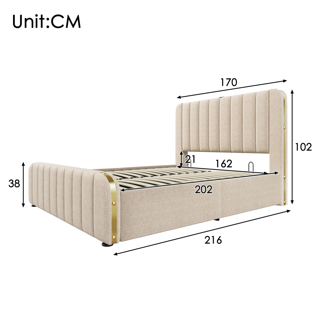 Letto Contenitore Matrimoniale 160x200 cm; USB e Type-C; in Lino Beige