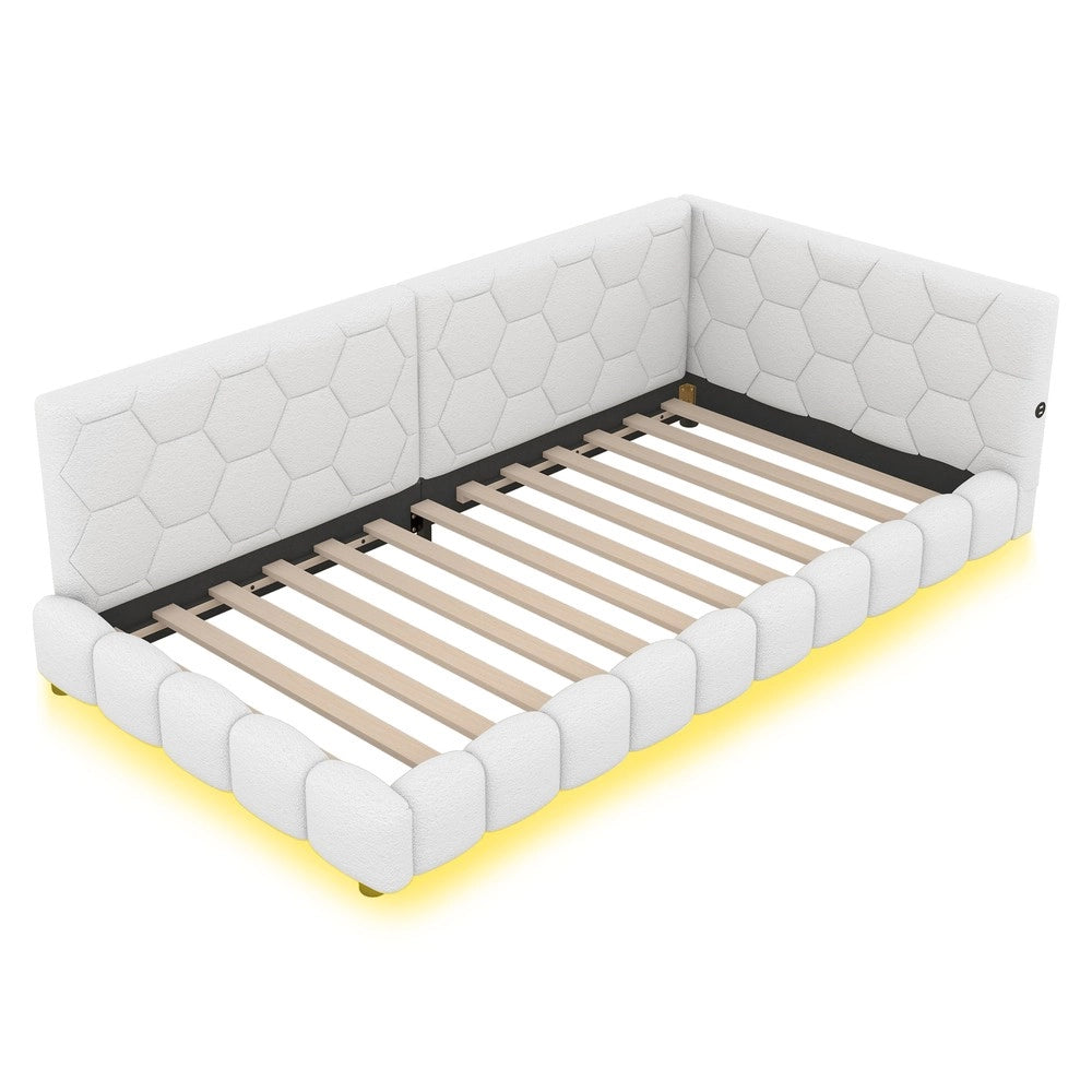 Letto daybett con rete a doghe e LED ¨C Minimal ¨C Bianco similpelle 90x200cm con USB Type-C