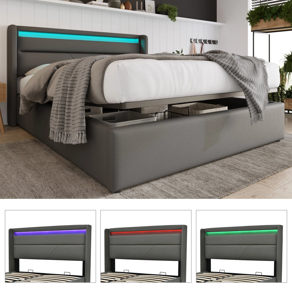 Letto contenitore imbottito grigio 140x200 cm con LED