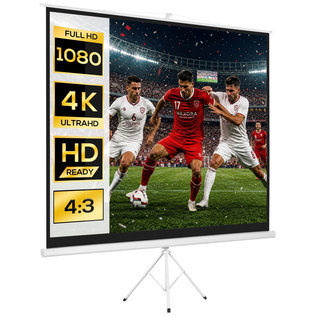 Telo proiettore con treppiedi da 120" 4:3 in metallo e tessuto bianco, 244x190 cm, schermo portatile e regolabile per casa e ufficio