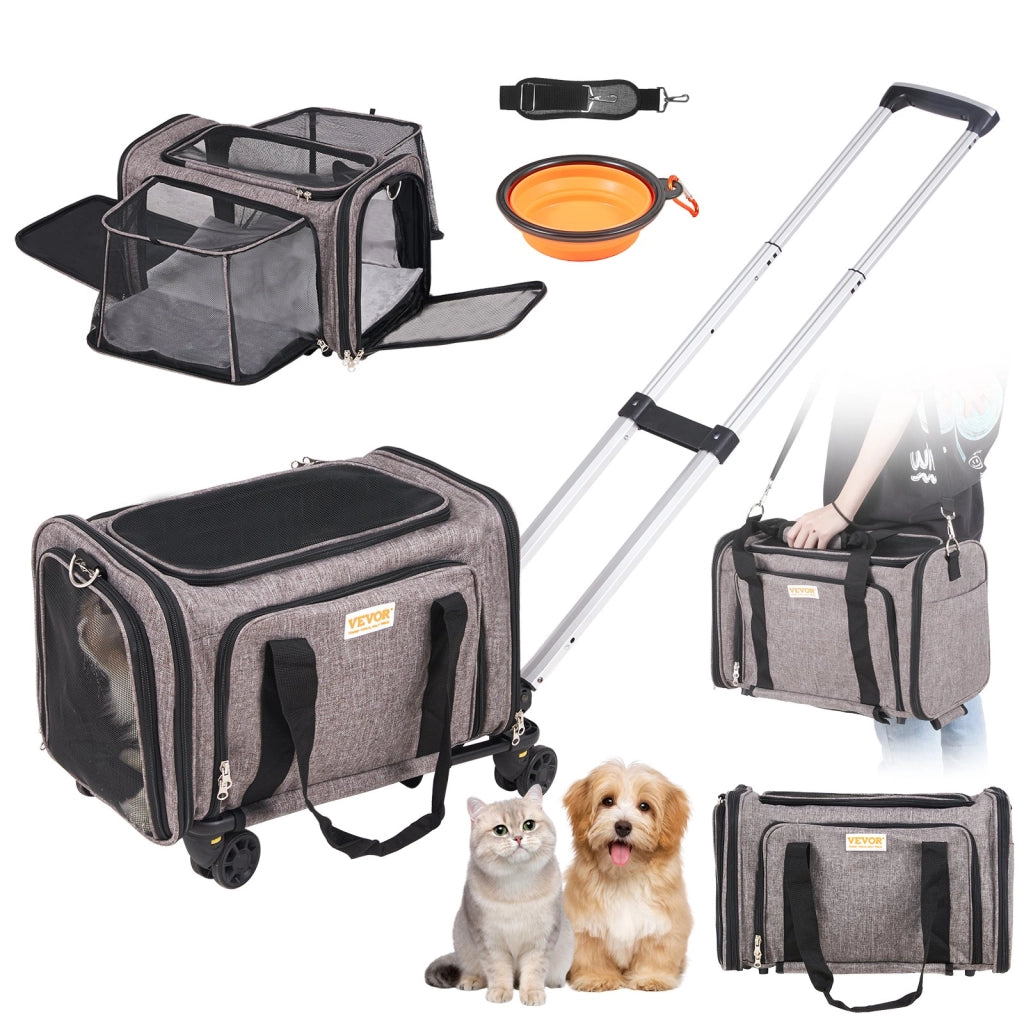 Trasportino Trolley per Cani e Gatti con Ruote Grigio in Tessuto Oxford 600D Borsa da Viaggio con Maniglia Telescopica Portata 11,3 kg