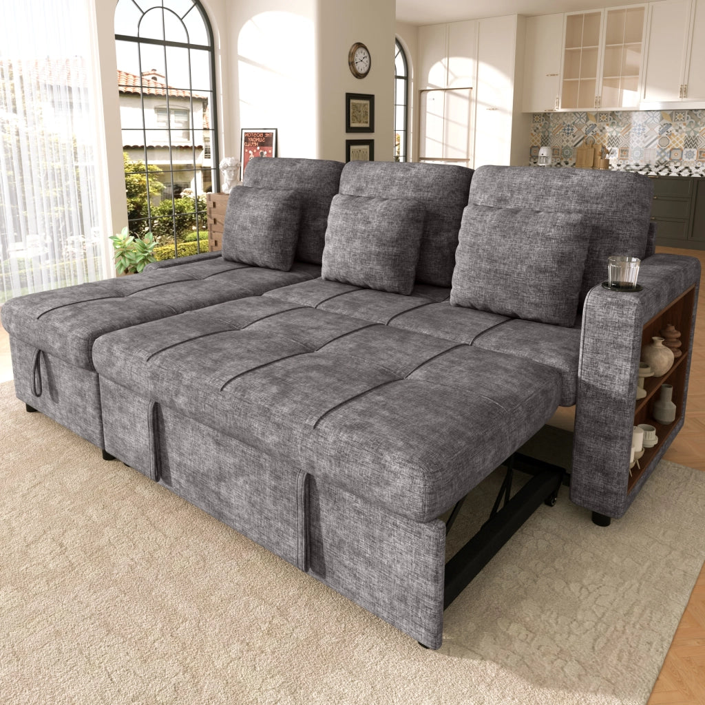 Divano letto 3 posti estraibile con récamiere contenitore portabicchieri tasche laterali in ciniglia grigio 201.3 × 126.1 × 86.1 cm