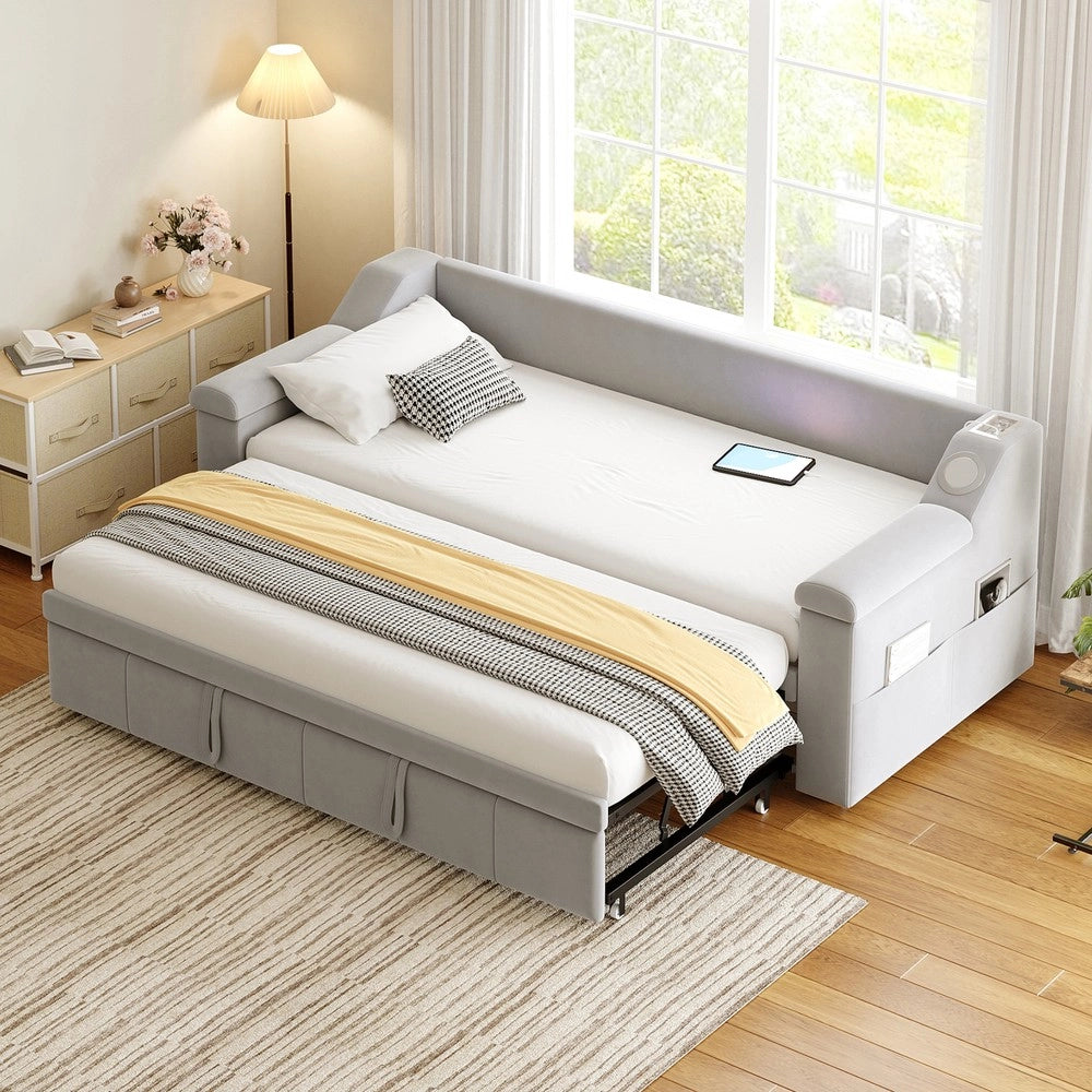 Letto Imbottito con Rete a Doghe e Bluetooth ¨C MINIMAL ¨C Velluto Grigio Chiaro 90x190 / 180x190
