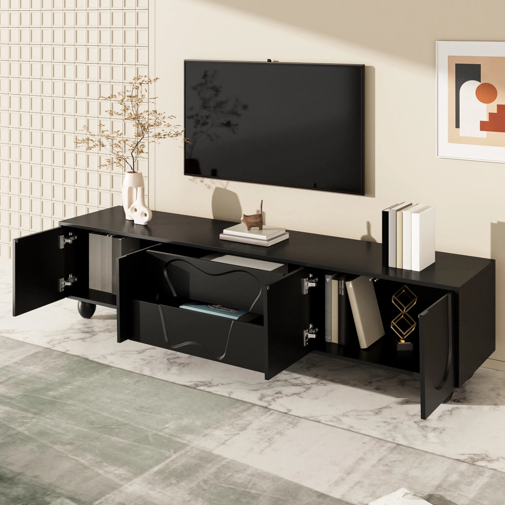 Mobile TV nero 180 cm con gambe in legno massello e ampio spazio contenitivo
