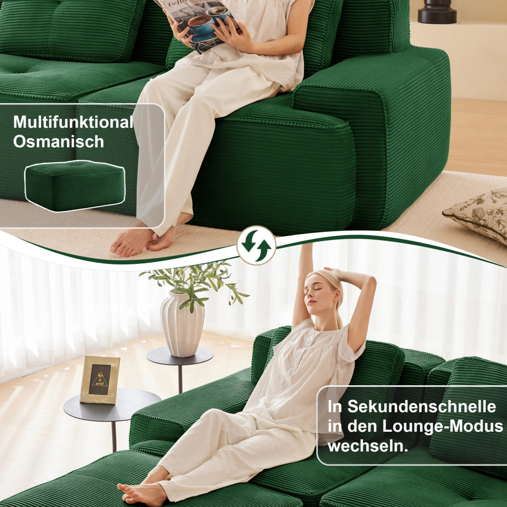 Divano modulare con seduta profonda design senza struttura base antiscivolo per soggiorno in velluto a coste verde