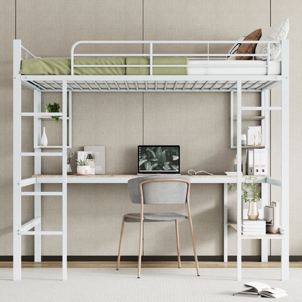 Letto a Soppalco con Scrivania e Libreria ¨C MINIMAL ¨C Metallo Bianco 140x200