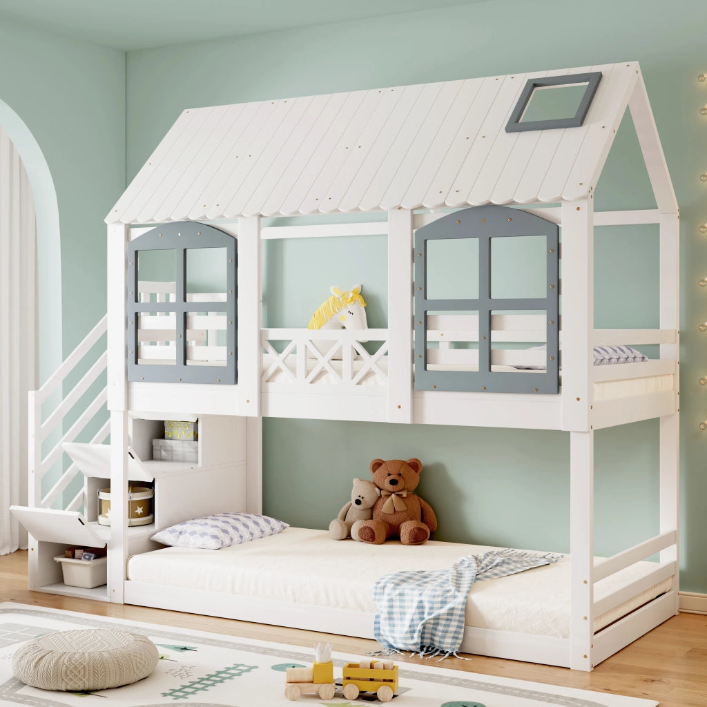 Letto a castello per bambini 90 × 200 cm 2 posti con scala e 3 armadietti; senza materasso; bianco e grigio