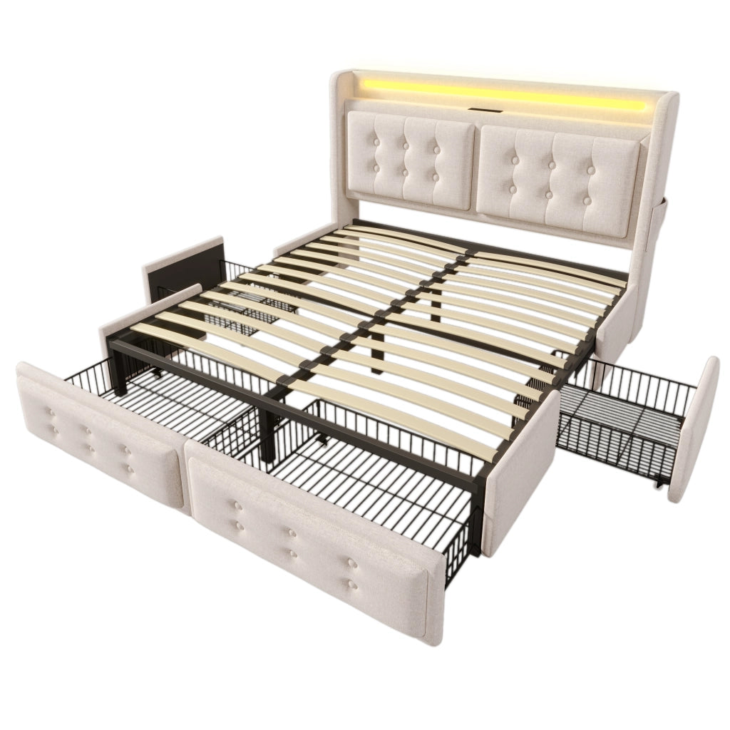 Letto Contenitore 140x200 cm; LED; USB e Type-C; 4 Cassetti; in Cotone e Metallo; Beige