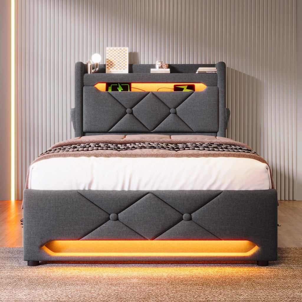 Letto singolo 90 × 200 cm con materasso LED 360 gradi ricarica USB Type C contenitore idraulico grigio lino