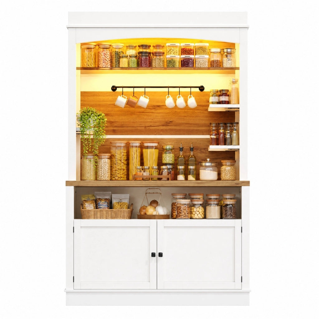 Hochschrank Weiß mit LED-Beleuchtung, Glasregal und Hakenleiste, 184 cm hoch, belastbar bis 60 kg