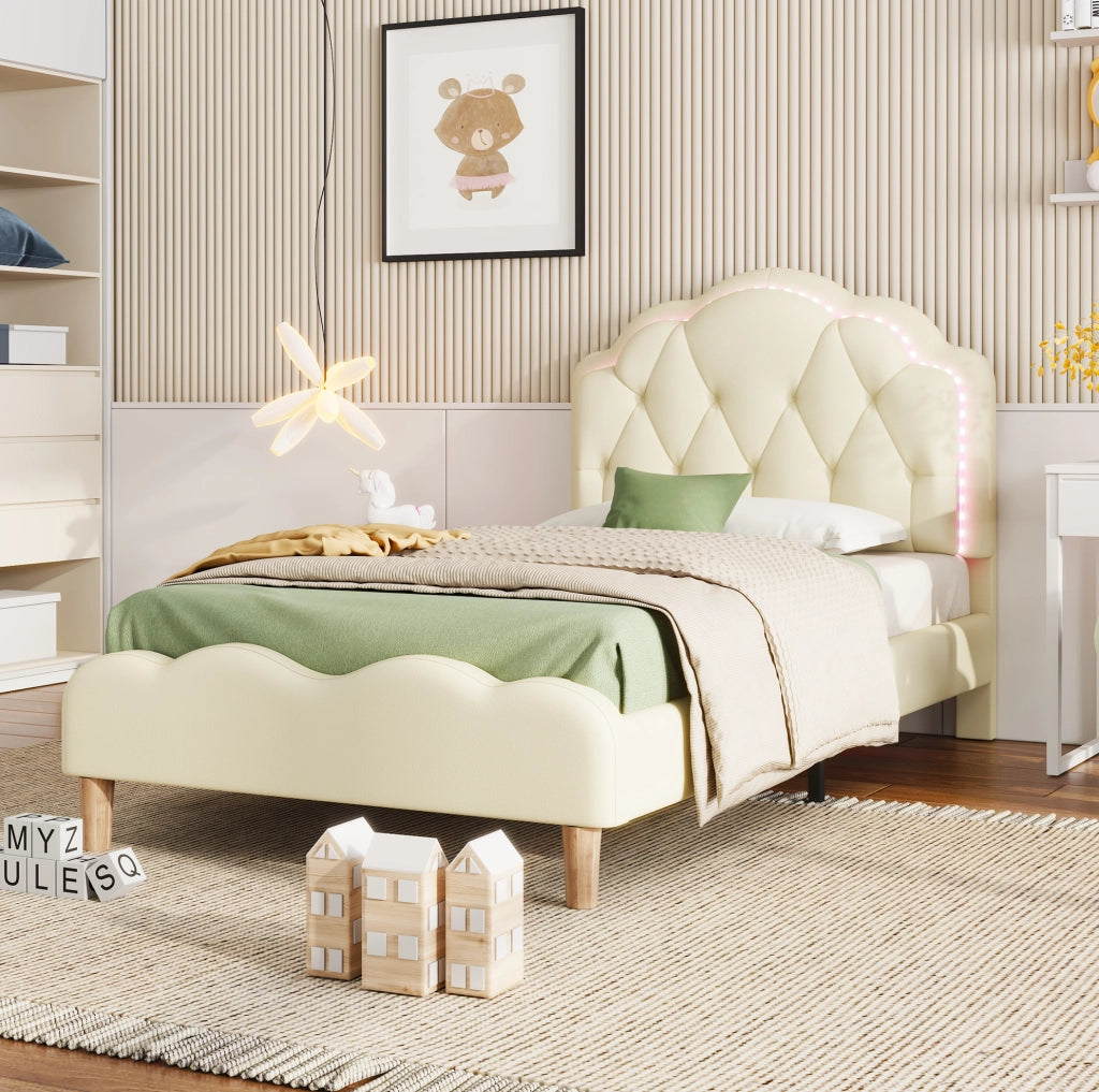 Letto imbottito singolo 90x200 cm con testiera ondulata in PU beige e strisce LED multicolore