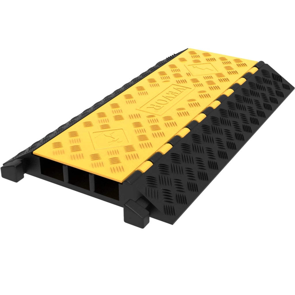 Rampa Passacavo da Pavimento a 3 Canali in Gomma e PVC Pedana Protettiva Carrabile per Cavi Elettrici Nero e Giallo 94,5x50x8 cm