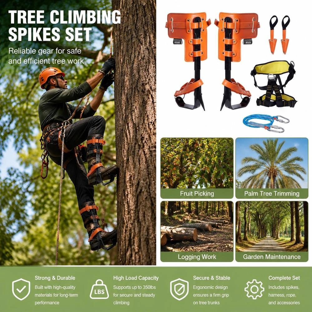 Tree Climbing Spike Set, 1 Pair Of Alloy Steel Climbing Spikes With Safety Rope And Harness, 350 Lbs Load Capacity, Tree Climbing Equipment, Tree Care Equipment For Climbers, Fruit Picking, Orange